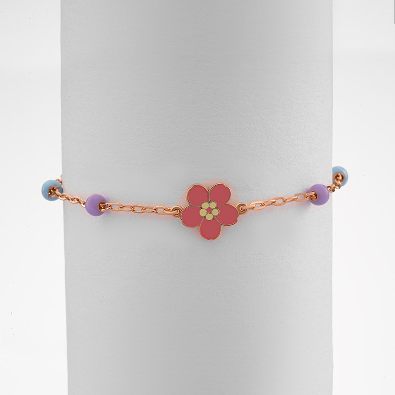 Gold Pink Flower with Blue and Purple Beads Bracelet